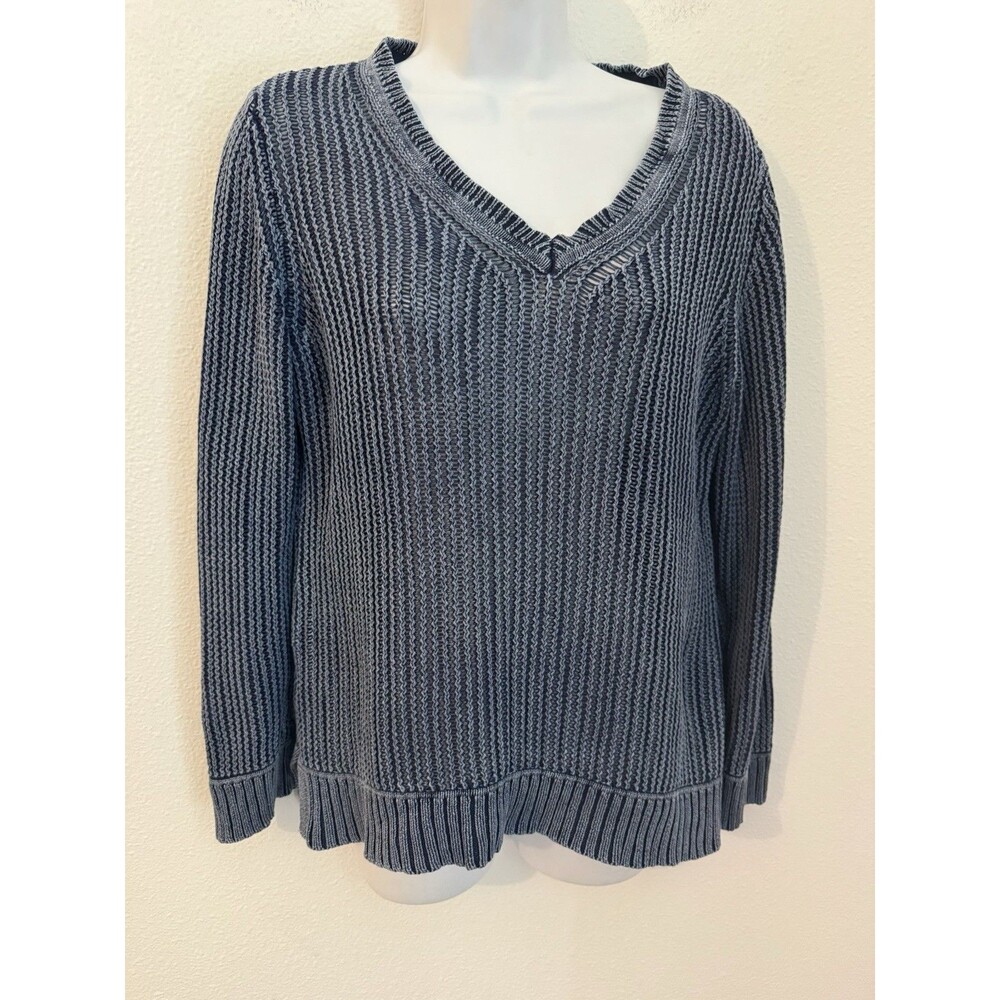Style & Co Women’s Sweater M Denim Blue V-Neck Ribbed Cotton Loose Knit Boho